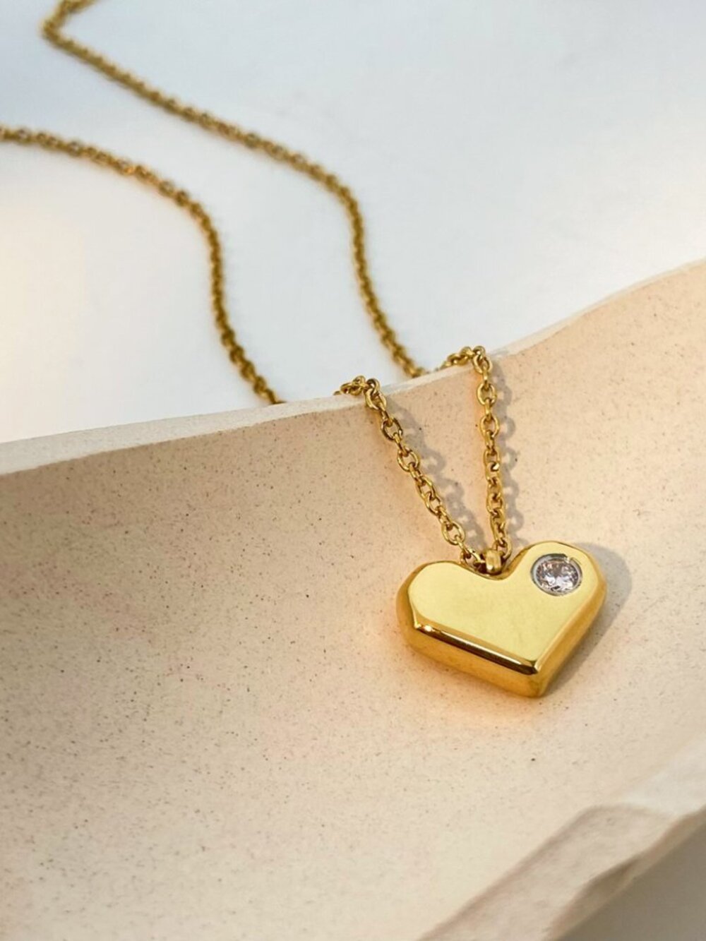 Inlaid Zircon Heart Pendant Necklace 18K Gold Plated Stainless Steel 16" Adjust